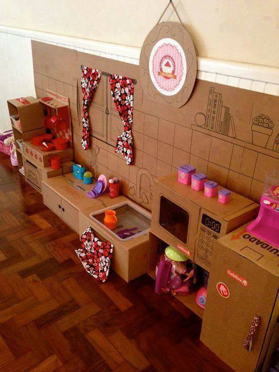 Built Children's Kitchen Cabinets Using Cardboard Boxes Cardboard Kitchen Craft