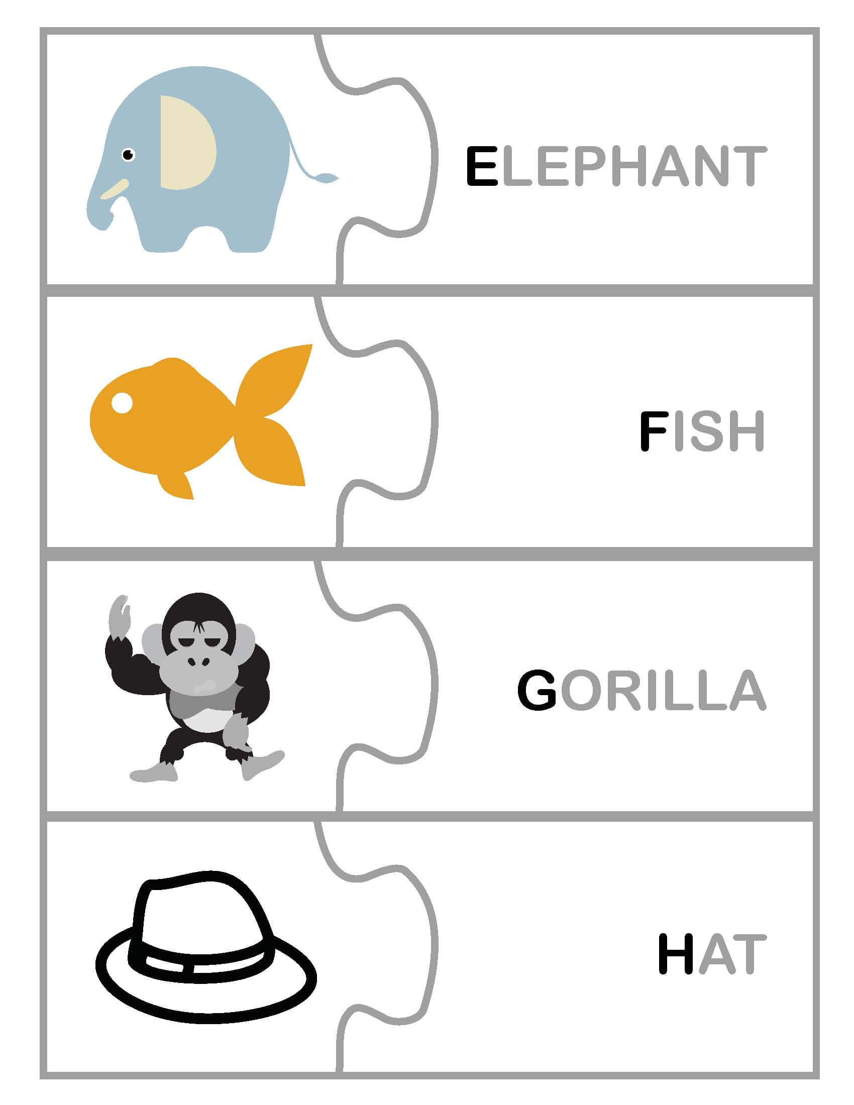 E to H alphabet puzzle with elephant, fish, gorilla, hat images for kids