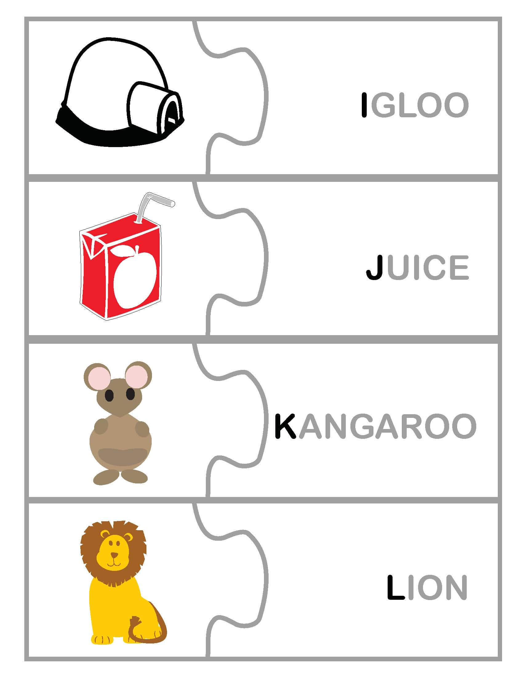 I to L alphabet puzzle showing igloo, juice, kangaroo, lion for preschool