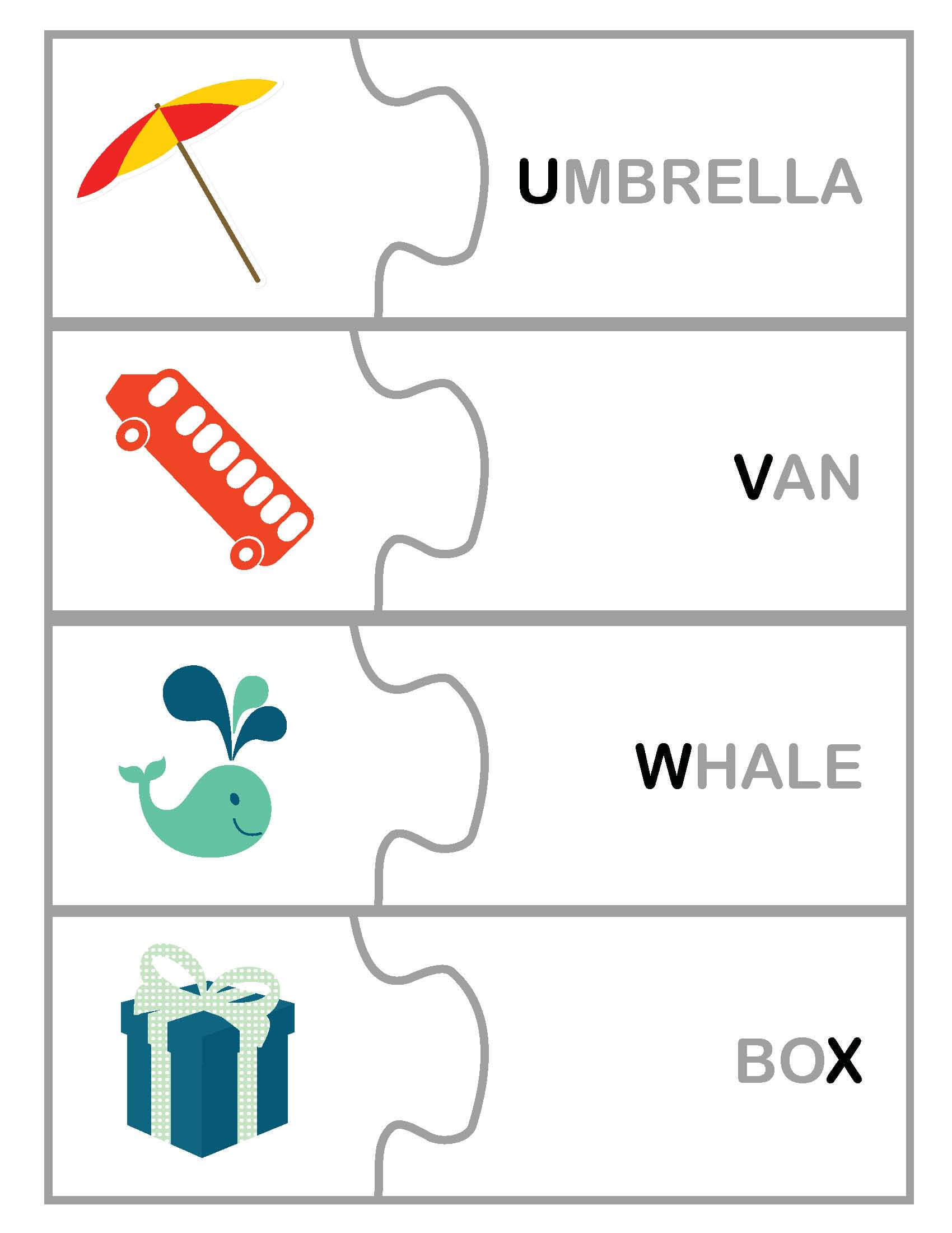 U to X alphabet puzzle with umbrella, van, whale, box images