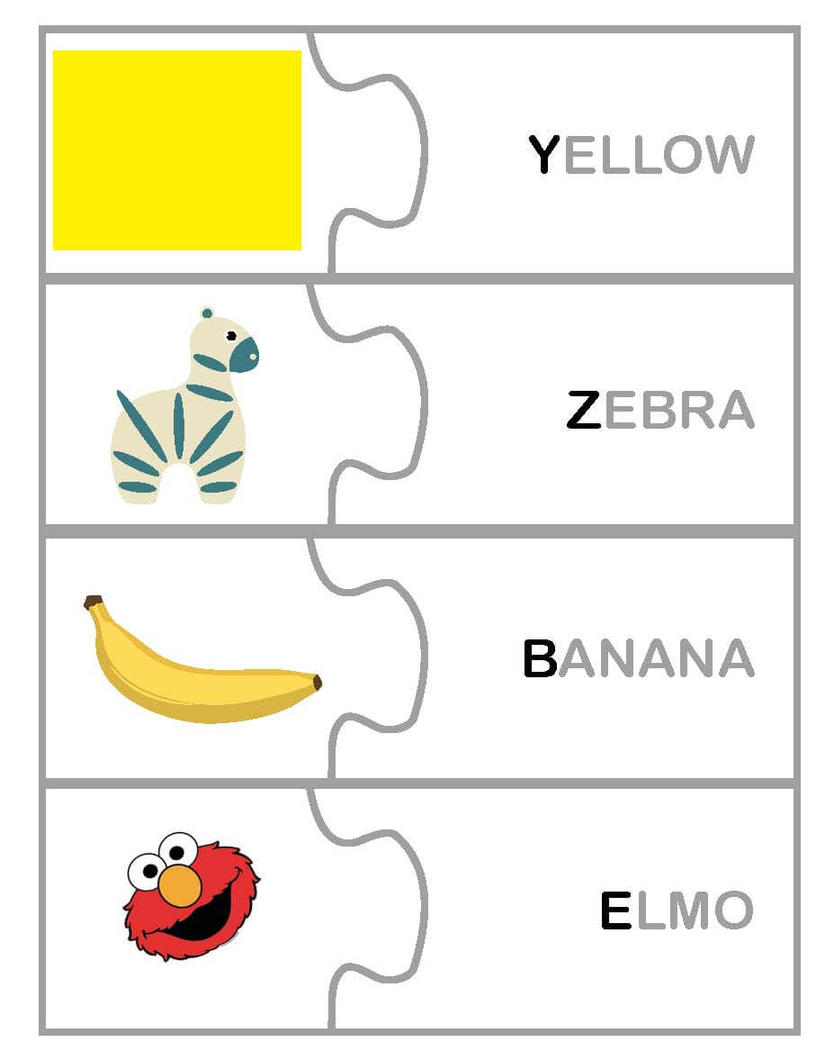 Y to Z alphabet puzzle with yellow, zebra, banana, Elmo images