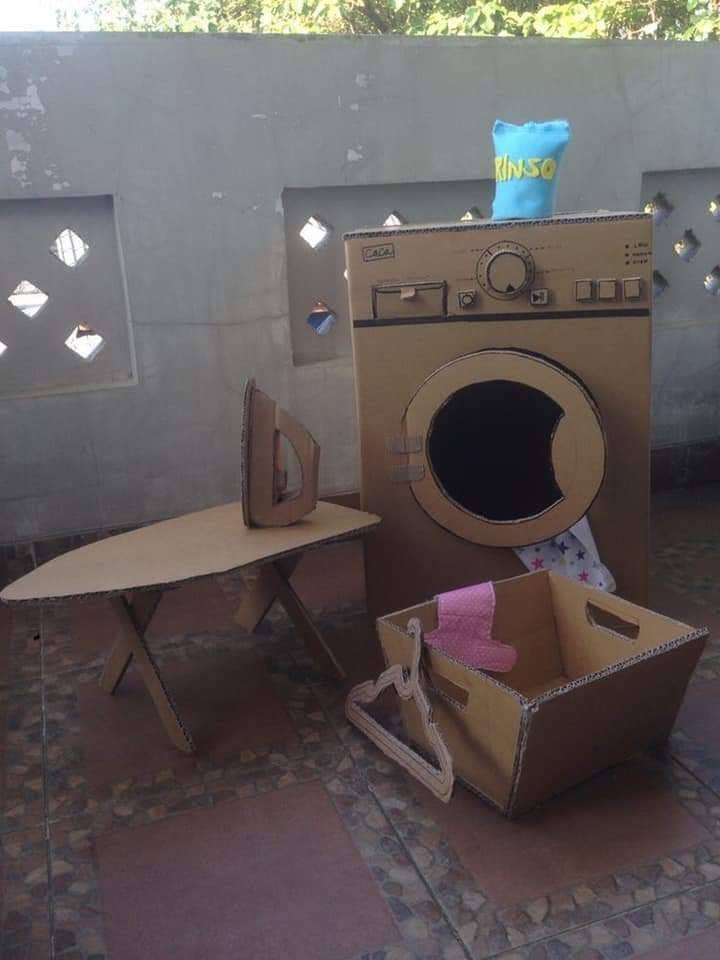 DIY Cardboard Crafts &amp; Activities for Kids-Play With Cardboard Cardboard washing machine and iron area