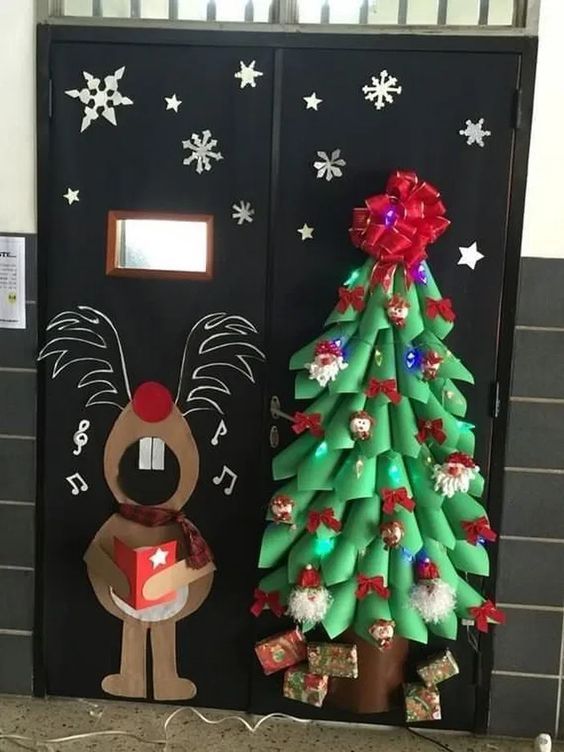 Christmas Classroom Door Decoration Ideas Reindeer And Christmas Tree Door Decoration