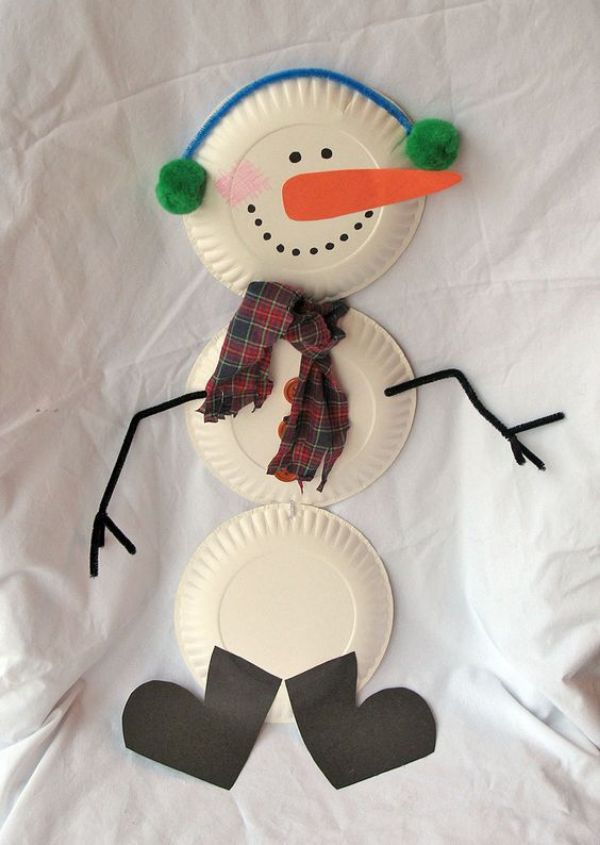 Giant Snowman Paper Plate Craft Idea Using Pom Pom & Pipe Cleaners For Kids