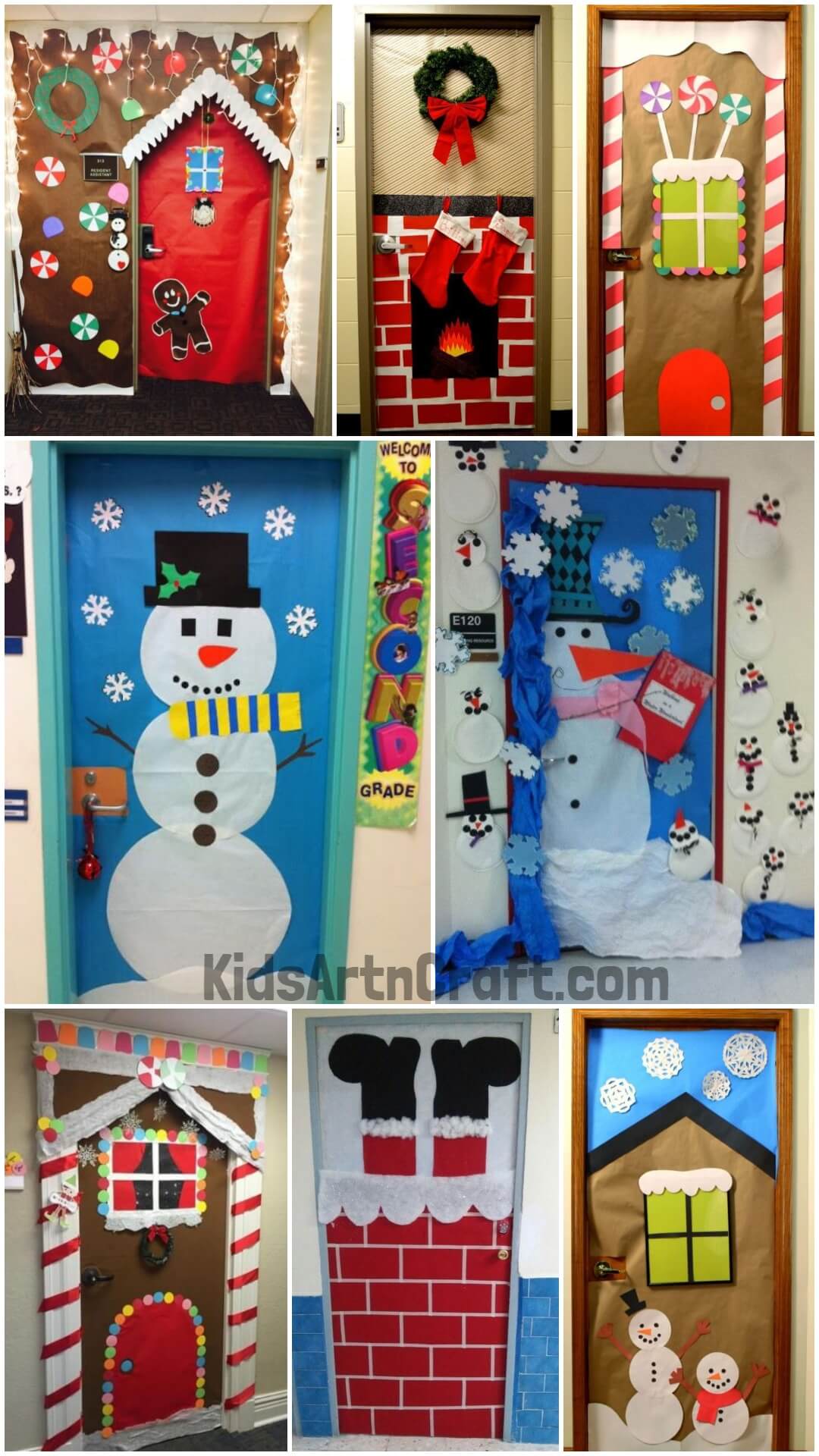 Christmas Classroom Door Decoration Ideas like grinch, charlie brown, snoopy and stole.
