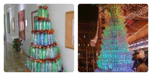 Christmas tree containing various types of plastic bottles