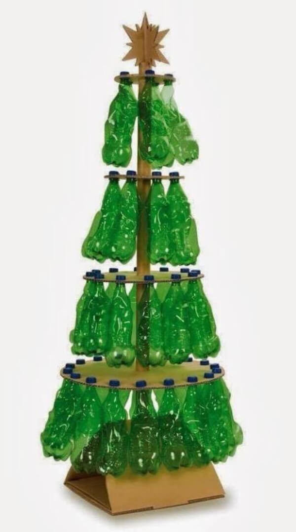 Christmas tree with cardboard and green plastic bottles