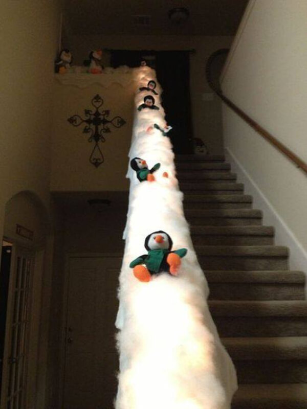 Staircase decoration with only Cotton and penguin toys for Christmas