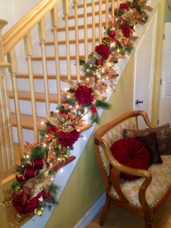 Staircase Decoration with lights, flowers, and colorful ribbon for Christmas