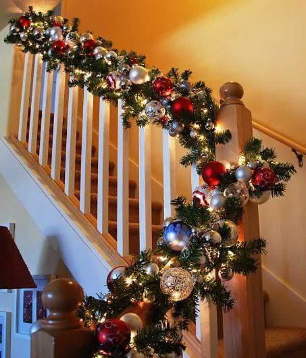 Staircase Decoration with Shiny balls and leaves for Christmas