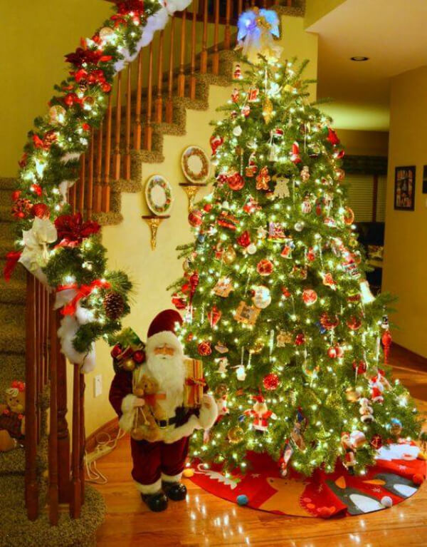 Staircase Decoration with flowers, leaves, and Santa for Christmas lights