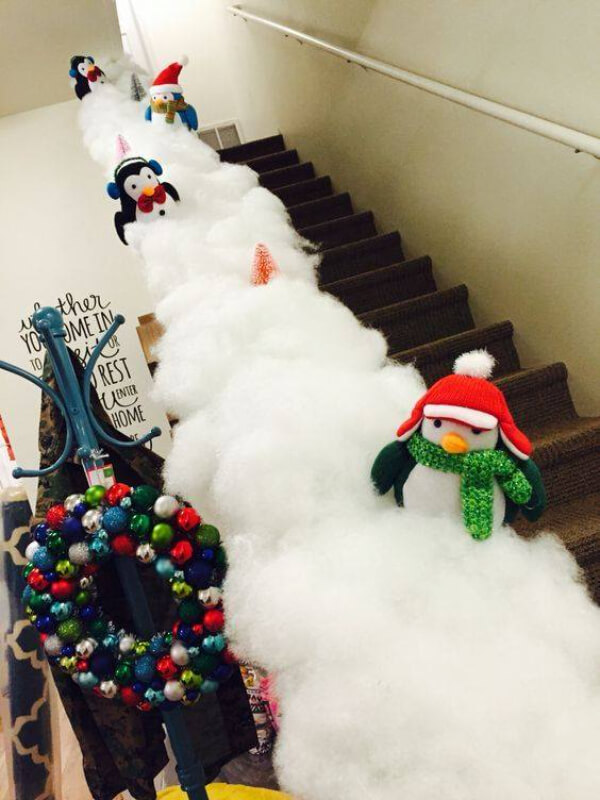Staircase Decoration with cotton and penguin toys for Christmas