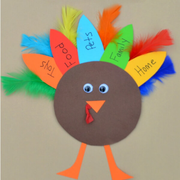 Handmade Colorful Paper Turkey Craft Using Feather - Seven Innovative Ways for Kids on Thanksgiving to Give Thanks