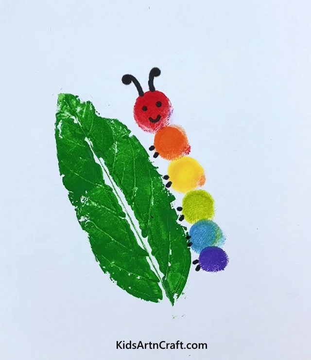 Fingers Painted Colourful Caterpillar sitting on a Green Leaf Painting