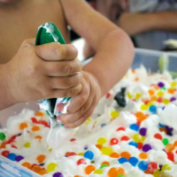 Colorful Water Beads & Shaving Cream Simple activities for kids using shaving cream