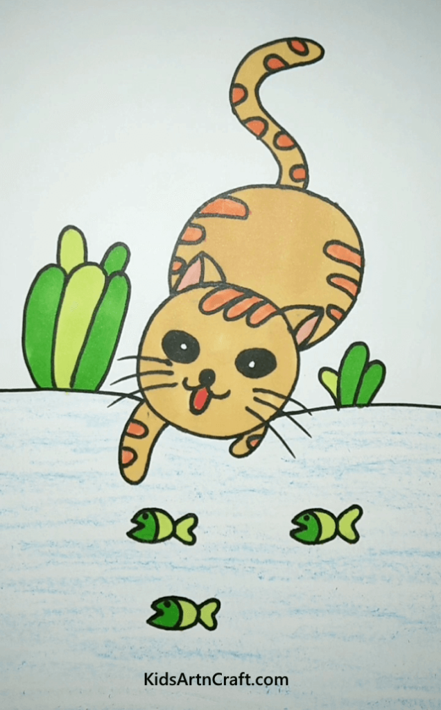 Animal Drawing Activities Idea For Kids Naughty Cat and Fishes