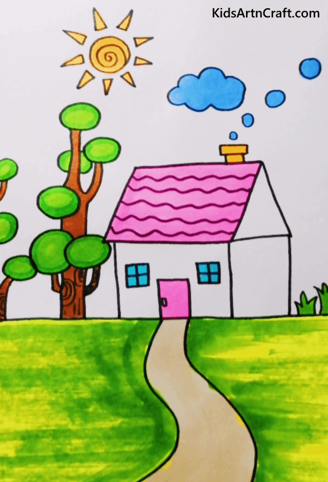 Easy Drawings & Painting Ideas for Kids A tiny charming house with a pleasant and enjoyable view