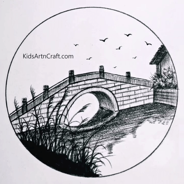 Mountain and River Landscape Drawing  Easy Pencil Drawing Landscape Drawing  in a circle  YouTube