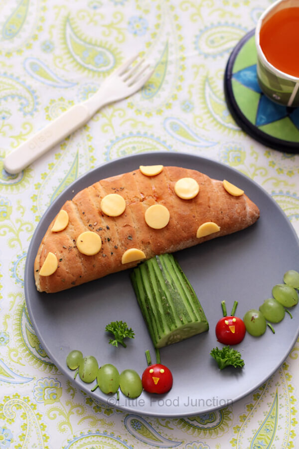 Creative Mushroom-Shaped Breakfast With Bread, Cucumber, Cherry  & Grapes 