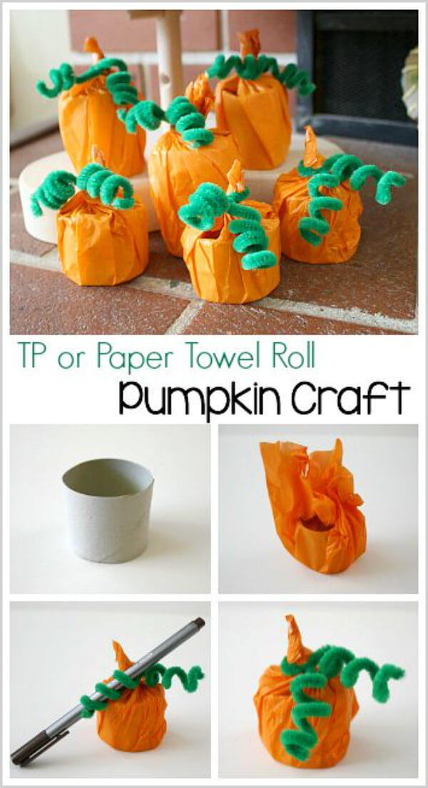 Cardboard Tube Pumpkin Craft With Tissue Paper & Pipe Cleaner- Step-By-Step Tutorial Pumpkin Crafts & Activities for Kids 