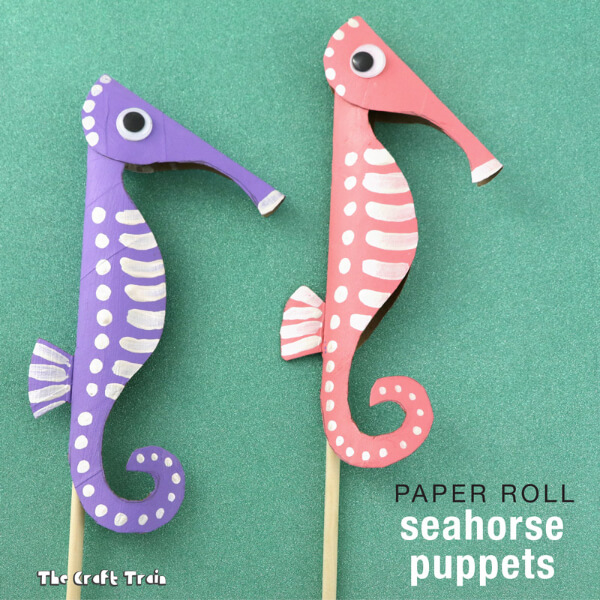 Fun to Make Seahorse Puppets Craft With Paper Towel Rolls & Goggly Eyes