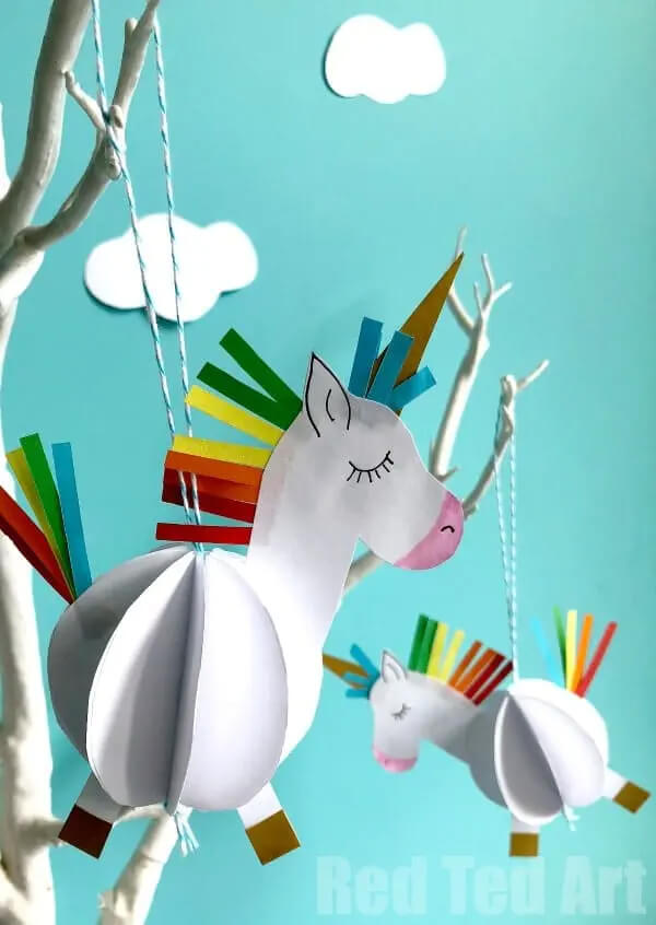 3D Hanging Unicorn Paper Craft in Rainbow Colors