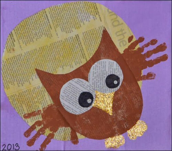 Handprint Owl Animal Art & Craft Idea Using Newspaper