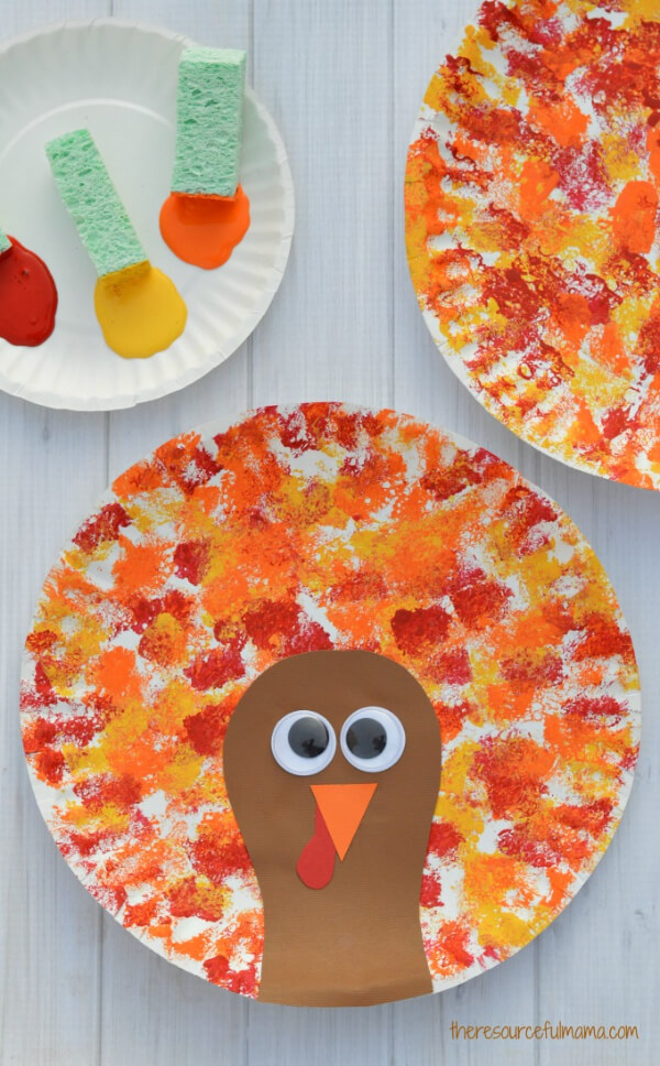 Sponge Painted Thanksgiving Turkey Paper Plate Craft For Kids