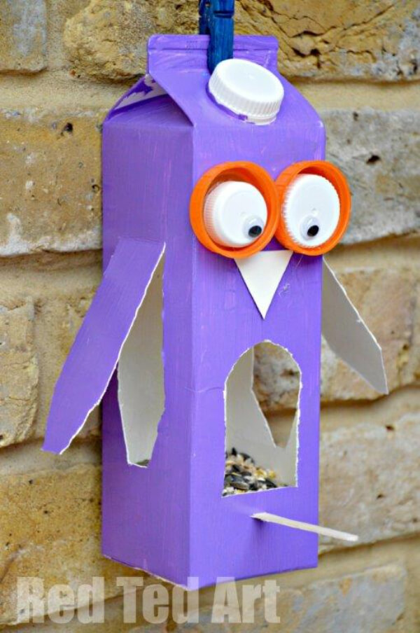 Juice Carton Owl Bird Feeder Craft Bird Feeders To Make With Kids