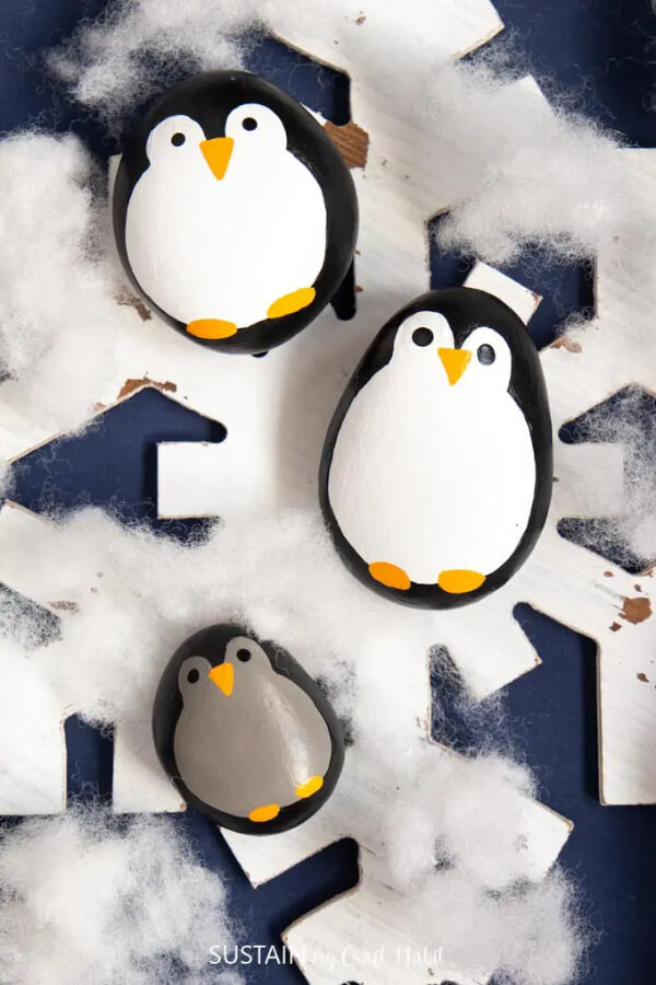 Rock Painted Penguin Family