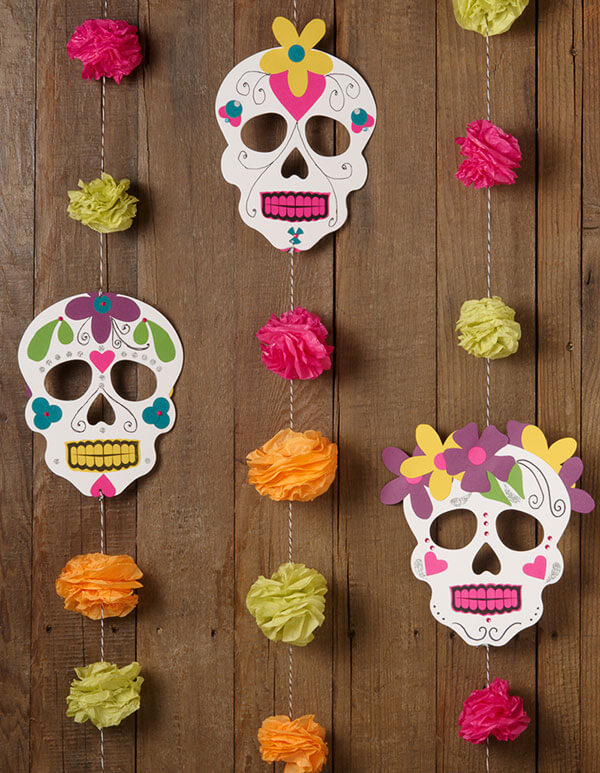 DIY Tissue Pom Pom And Skulls Garland For Wall Decoration