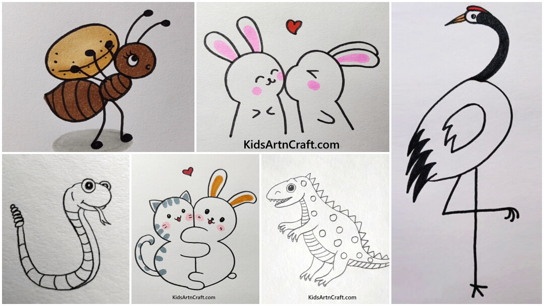 Simple Animal Drawings for Kids - Ant, Crab, Flamingo & More