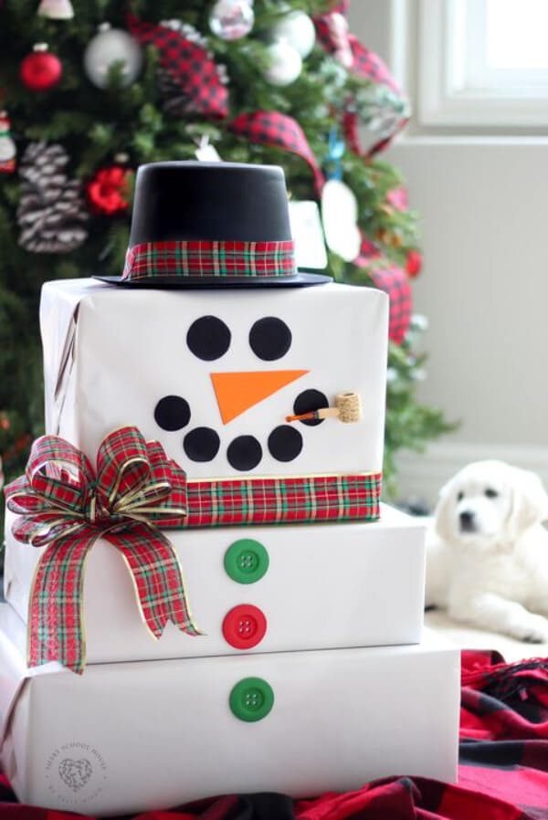 Snowman Shape Gift Wrapping On Cardboard Box