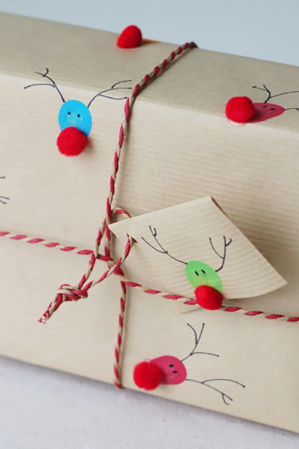 Easy Gift Wrapping With Reindeer Thumbprint & Pom Pom
