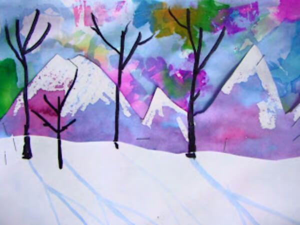 Snowy Mountains Watercolor Painting For Kids