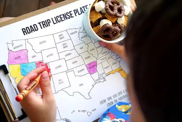  Travel Games for Kids to Play with Family License Plate Coloring Map + S’mores Snack Mix