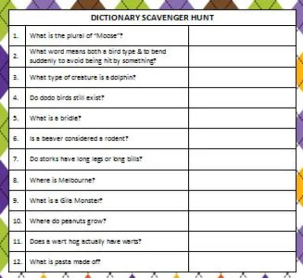 Simple Dictionary Scavenger Hunt Scavenger Hunt Ideas For Kids