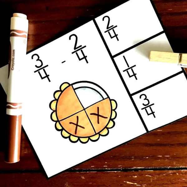 Clip Cards for Subtracting Fractions With Common Denominators Game Subtraction Activities for Grade 1