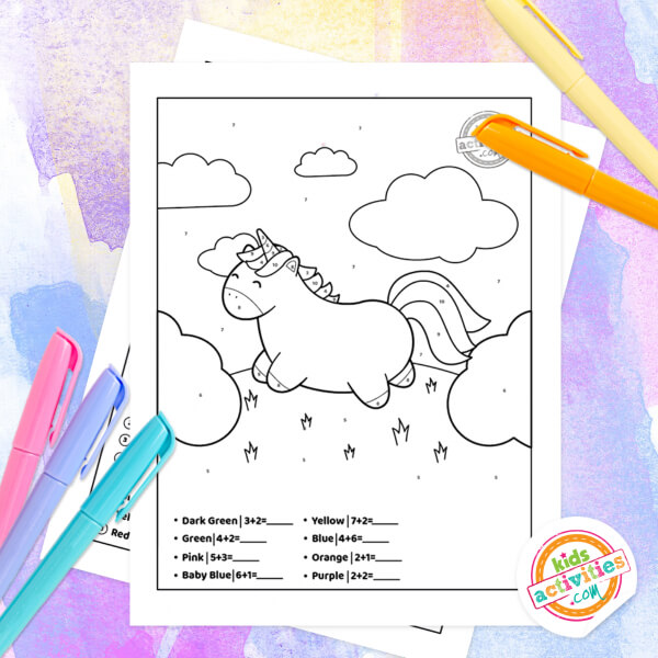 Coloring Unicorn By Number Addition Worksheets For Kids