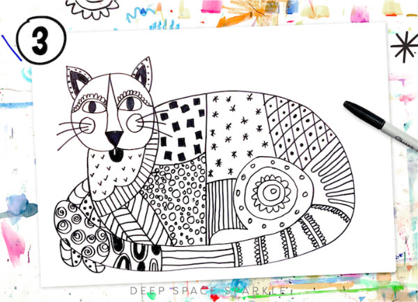 Creative Line & Pattern Cat For Kids Easy First Grade Art Projects
