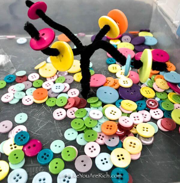 Colorful & Very Simple Button Craft Activity For Toddlers Using Pipe Cleaner