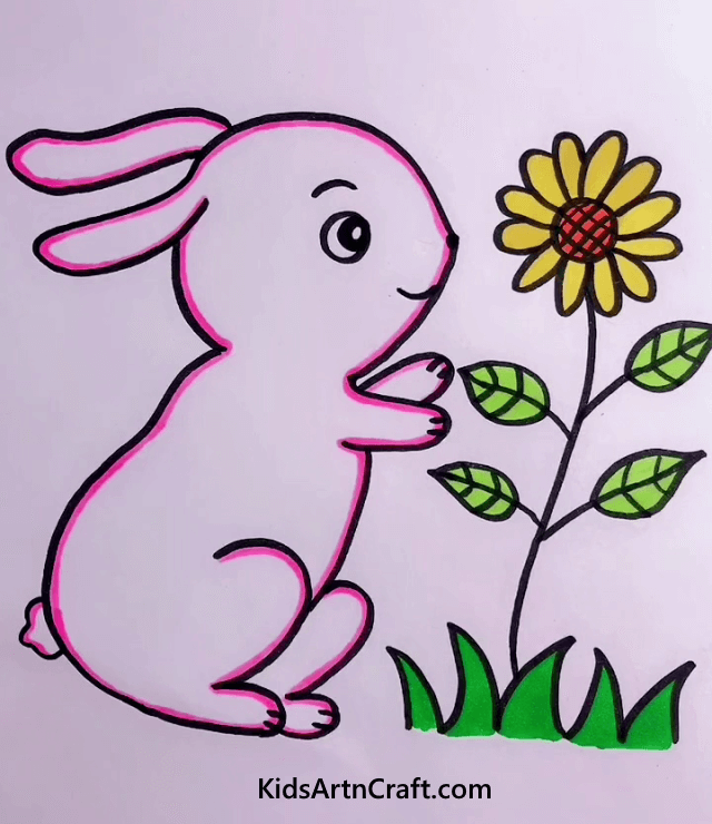Beautiful Drawing Of a Bunny Sitting In Front Of A Flower
