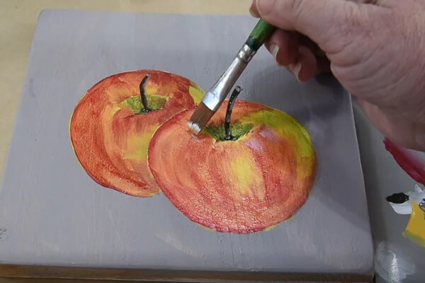 Stamping Painted Apple in Acrylics