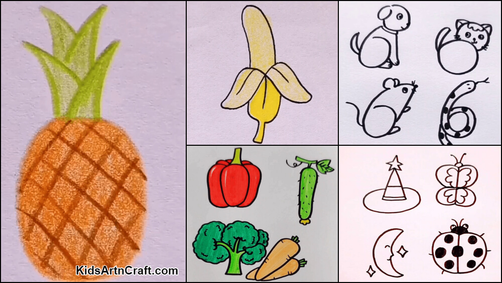 Simple Drawings for Kids - Fruits, Vegetables & Animals - Kids Art & Craft
