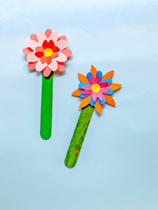 Colorful Flower Using Popsicles And Origami Paper Crafts For Kids