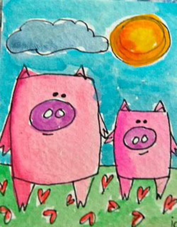Baby & Mother Pig Painting For Kids