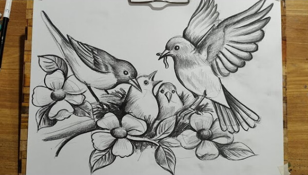 Bird Drawings & Sketches For Kids Bird Family Pencil Sketch Drawing