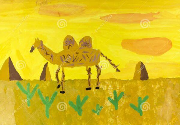 Colorful Camel Painting In Desert For Kids