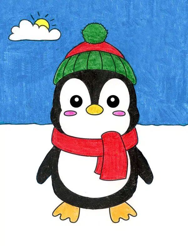 Easy Christmas Penguin Drawing For Preschoolers