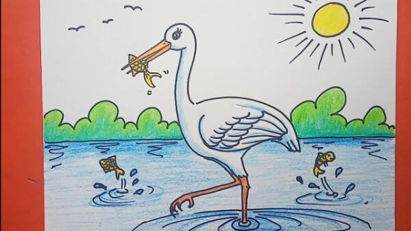 Easy Colorful Crane Drawing For Kids
